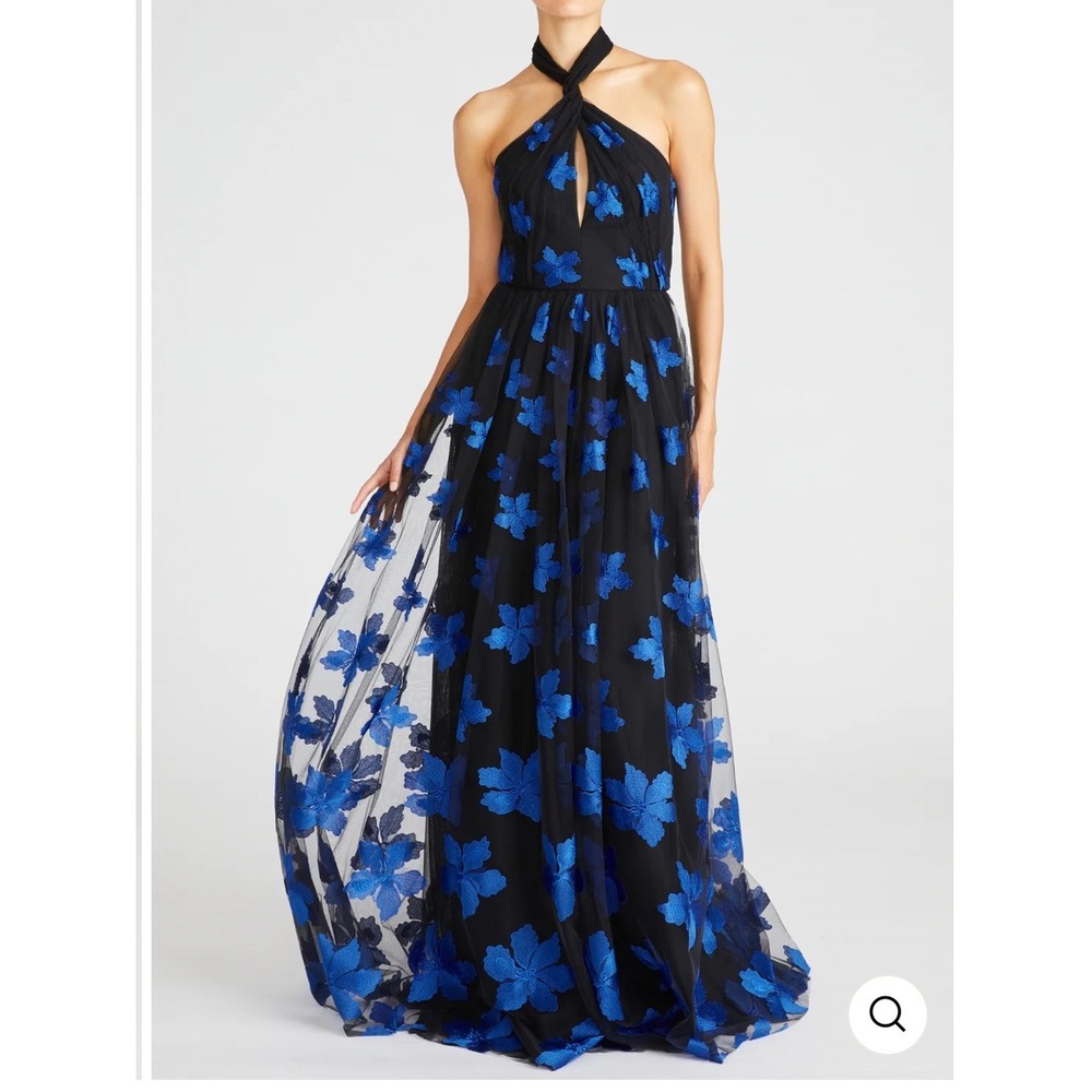 ML Monique Lhuillier Claudette Tulle Floral Gown Blue Black Size 4 NWT